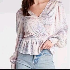 Express Satin Abstract Print Tie Back Peplum Blouse Size Small